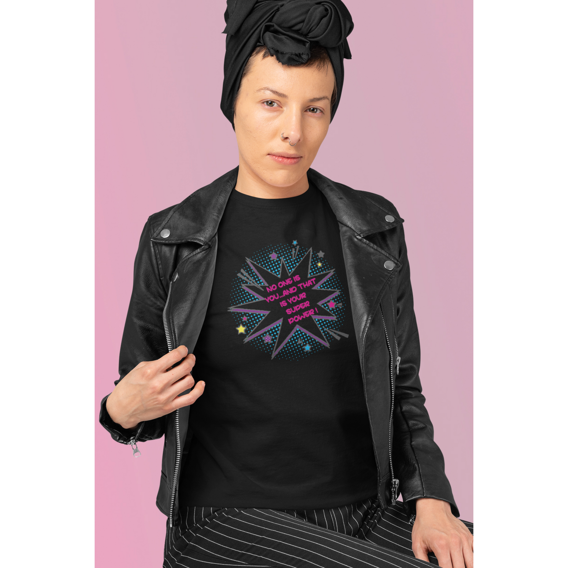 SUPER POWER WOMENS BLACK  GRAPHIC TEE WMAN WITH HEAD WRAP