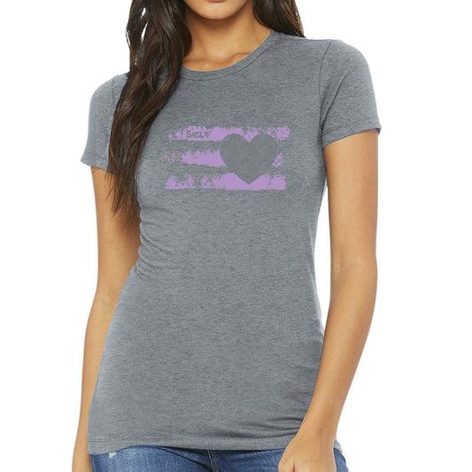 SELF LOVE WOMENS HEATHER GREY GRAPHIC TEE WOMAN WITH HEART