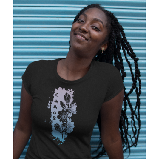 CHAOS WOMENS GRAPHIC BLACK TEE WOMAN WITH BRAIDS 
