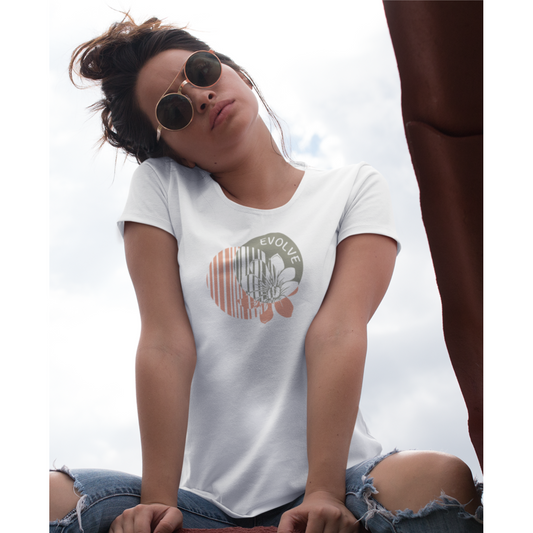EVOLVE WHITE WOMENS GRAPHIC TEE WOMAN WITH  BUN