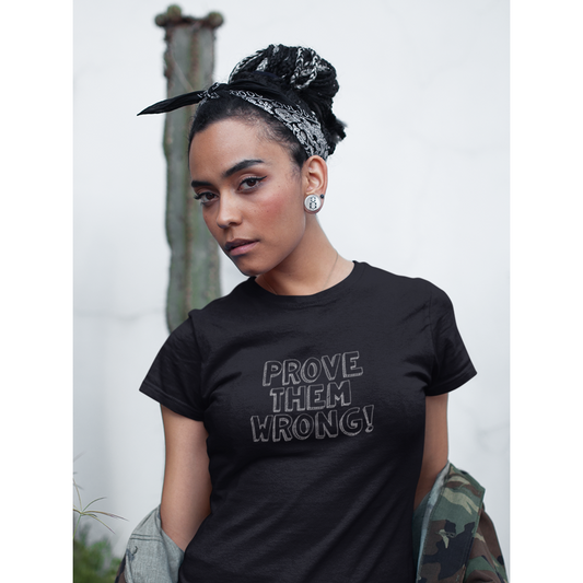 PROVE THEM WRONG WOMENS BLACK GRAPHIC TEE WOMAN WITH BANDANA