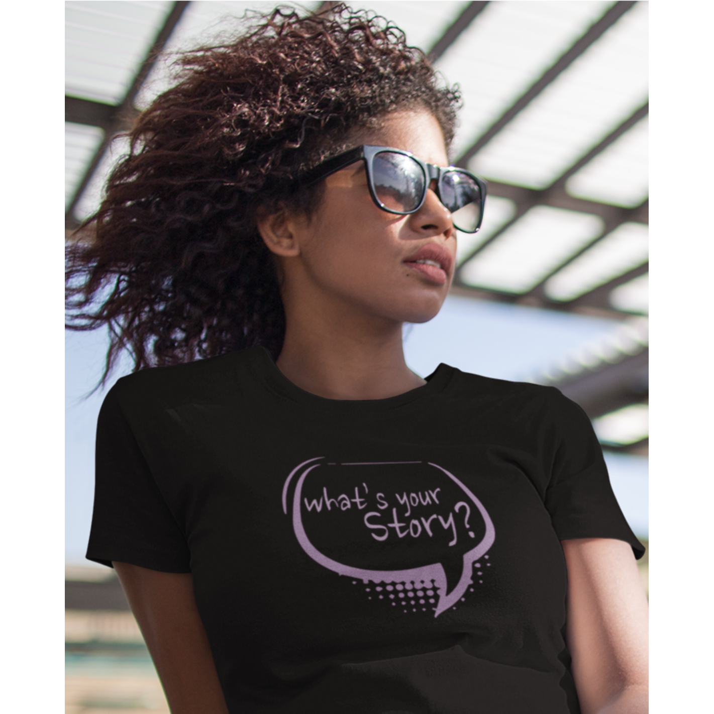 WHAT'S YOUR STORY WOMENS GRAPHIC TEE WOMAN WITH SUNGLASSES